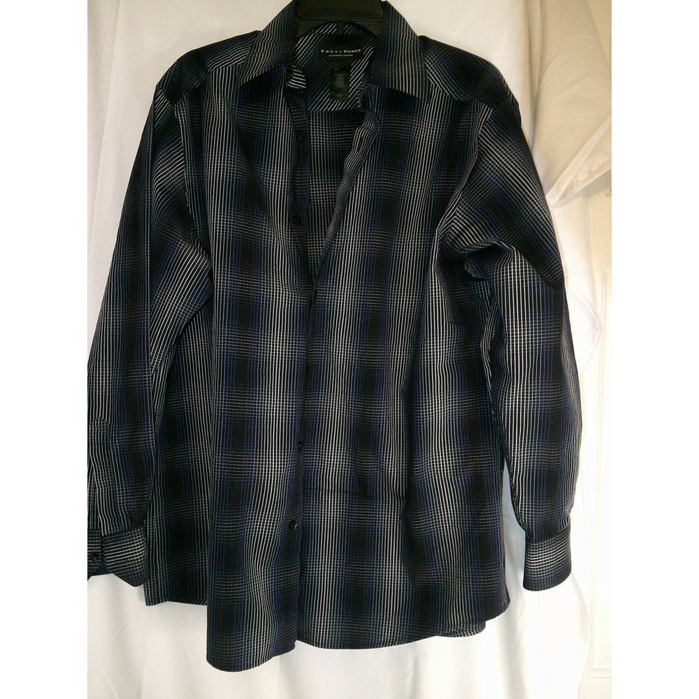 Crazy Horse Black, Blue & White Gradient Plaid Long Sleeve Button Down Shirt L‎